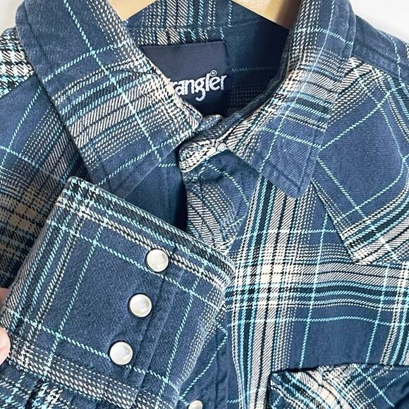 WRANGLER Men’s Blue Plaid Flannel Western Snap Front Shirt Medium - Picture 4 of 5